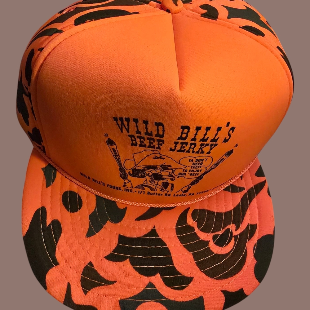 Wild Bill's Beef Jerky Orange Camo Trucker Hat By Madhatter-NEW